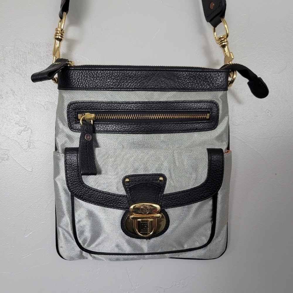 JPK Paris 75 Grey Silver Crossbody Bag Black Trim Gold Hardware